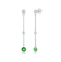 Sterling Silver Bezel-Set Cz Bead Chain Earrings (White, Green, Blue Or Red)