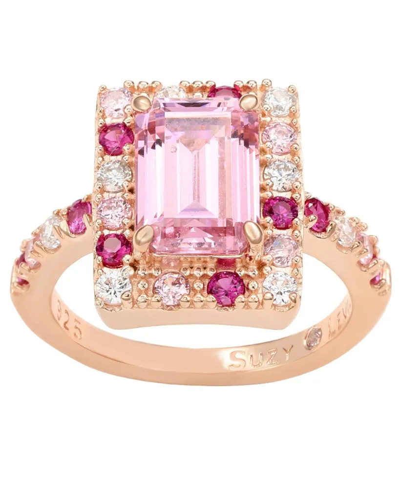 Suzy Levian Rose Sterling Silver Emerald Cut Pink Cubic Zirconia Ring