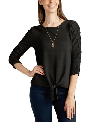 Bcx Juniors' Ruched-Sleeve Tie-Front Top