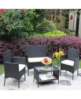 4 Piece Rattan Patio Furniture Set Outdoor Patio Cushioned Seat Wicker Sofa (Cushion)
