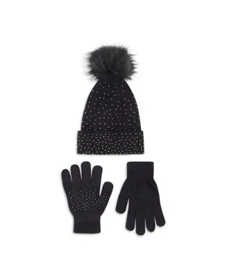Daisy Fuentes Sparkle Small Metal Rhinestone Rib Knit Beanie with Faux Fur Pom and Glove Set