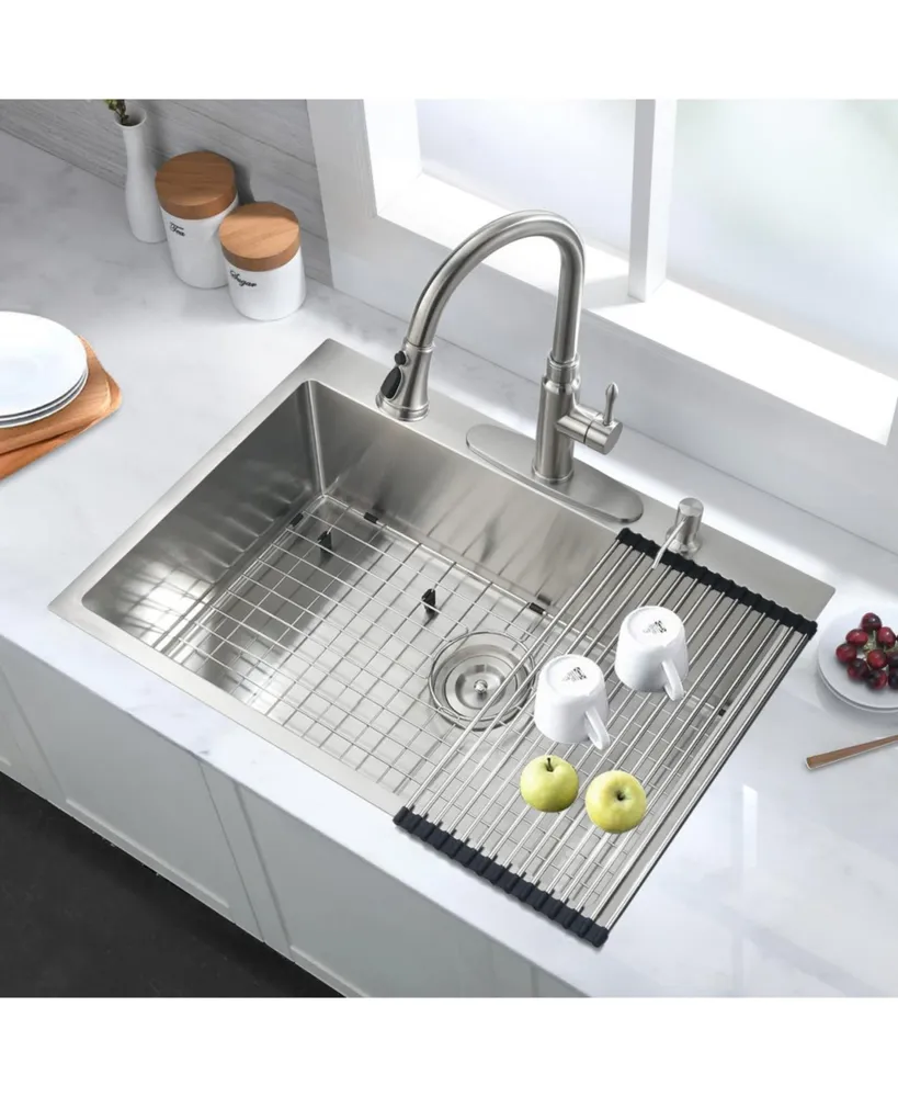 Streamdale Furniture Stainless Steel 30 In 2-Hole Single Bowl Drop-In Kitchen Sink With Bottom Grid And Basket