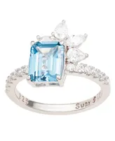 Suzy Levian New York Sterling Silver Aqua & White Cubic Zirconia Ring