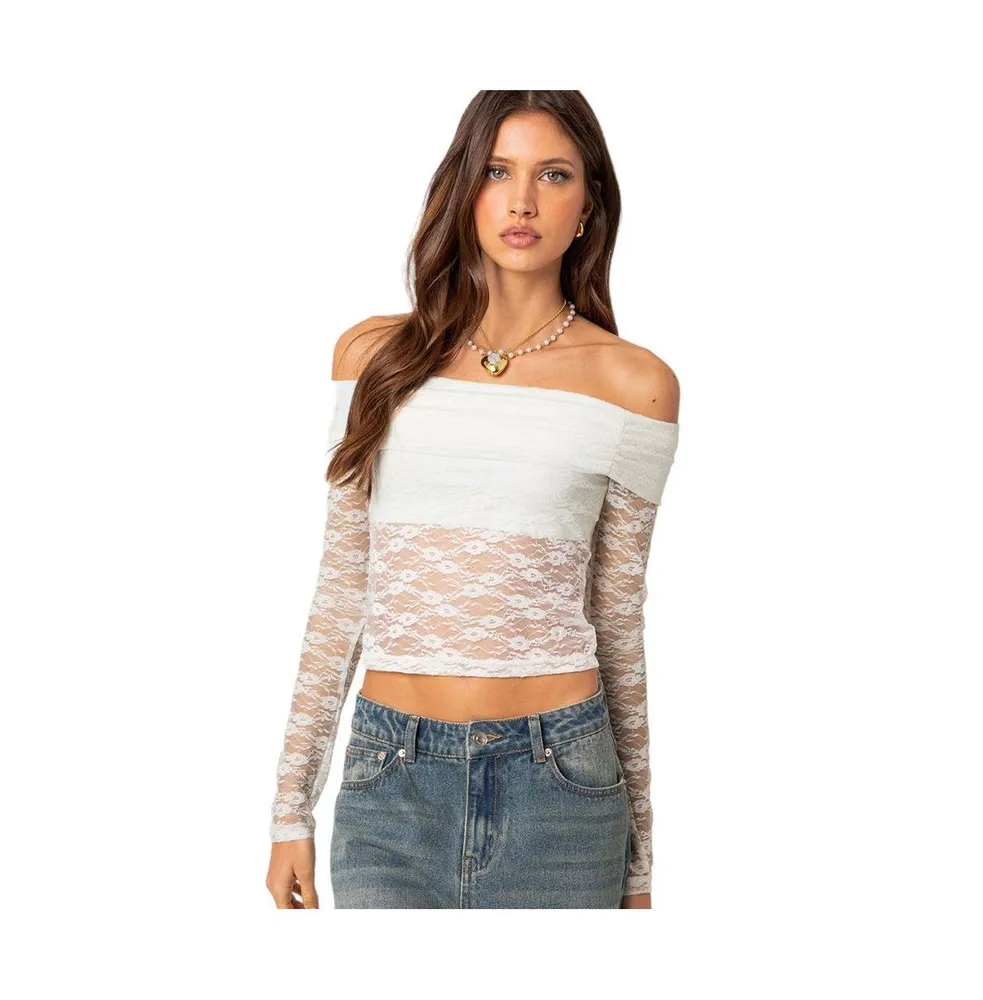 Edikted Crossover Sheer Lace Tank Top in White