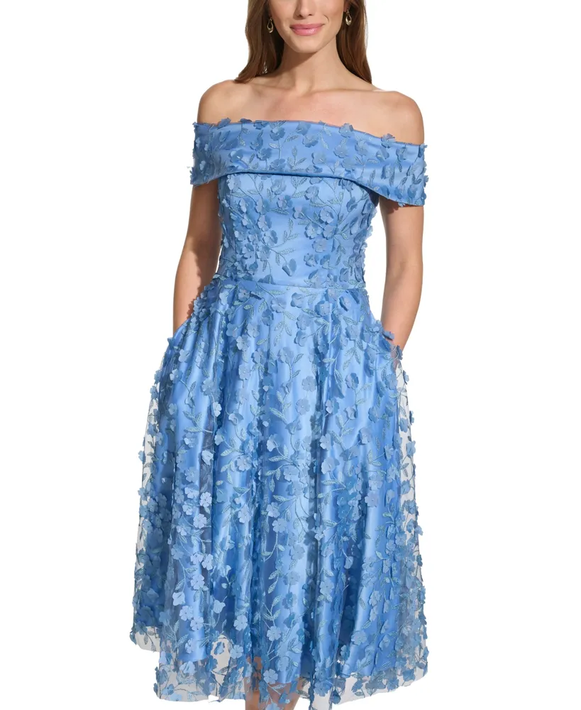 Eliza J Petite 3D Floating Flowers Off-The-Shoulder Midi Dress