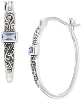 Blue Topaz (1/4 ct. t.w.) & Marcasite (1/10 ct. t.w.) Filigree Small Hoop Earrings in Sterling Silver, 0.9"