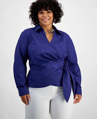 I.n.c. International Concepts Plus Cotton Collared Wrap Top, Created for Macy's