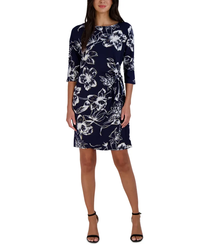 Robbie Bee Petite Floral Side-Tie 3/4-Sleeve Dress