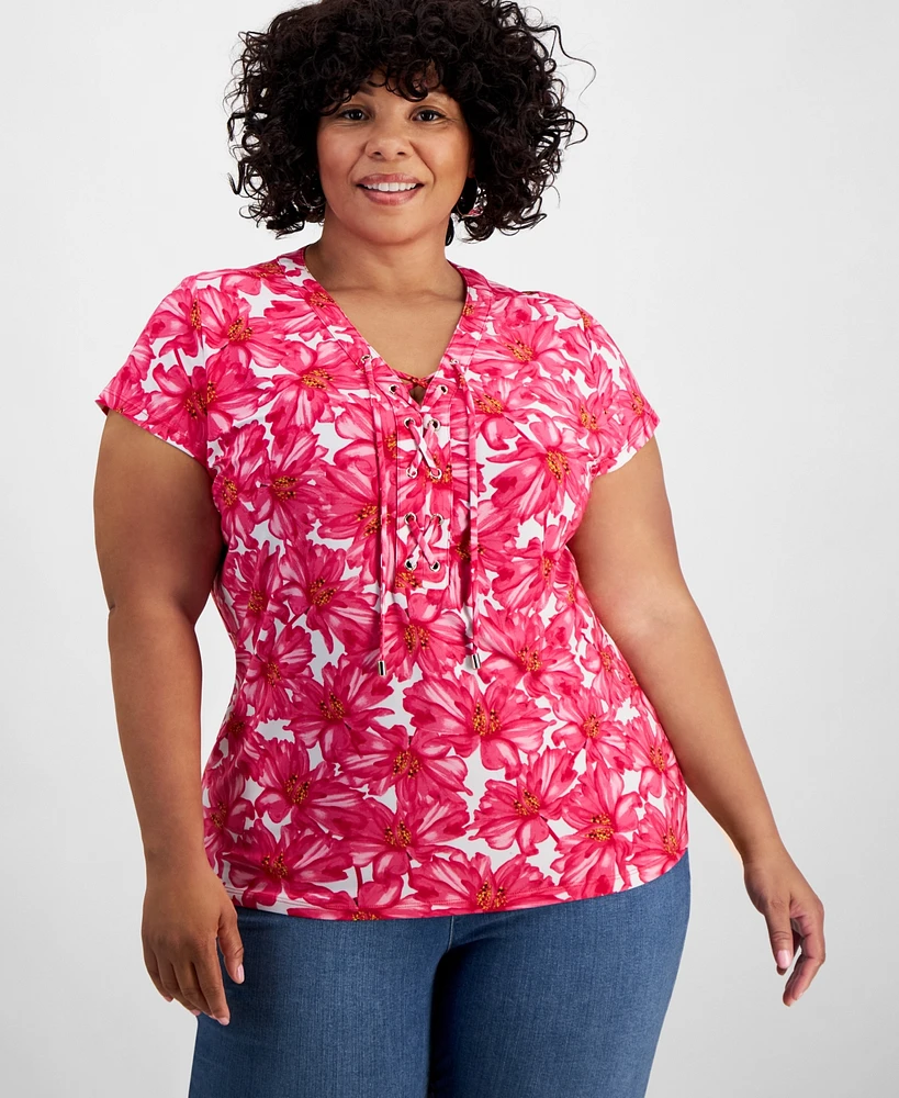 I.n.c. International Concepts Plus Printed Lace-Up-Neck Top, Created for Macy's