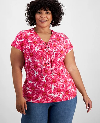 I.n.c. International Concepts Plus Printed Lace-Up-Neck Top, Created for Macy's