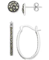 2-Pc. Set Marcasite Stud & Oval Hoop Earrings in Sterling Silver