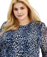 Bar Iii Plus Size Animal-Print Long-Sleeve Mesh Top, Created for Macy's