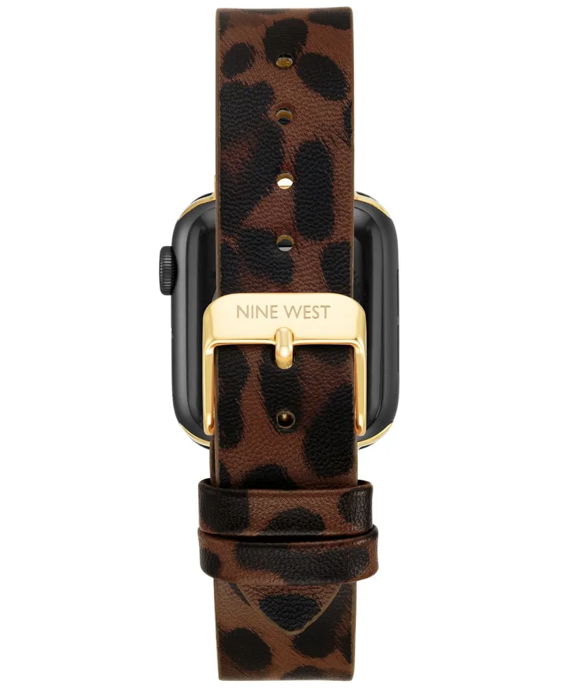 Nine West Women's Leopard Print Polyurethane Leather Band Compatible with 42mm, 44mm, 45mm, Ultra and Ultra 2 Apple Watch - Leopard, Gold