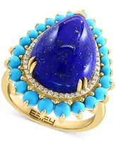 Effy Lapis Lazuli, Turquoise, & Diamond (1/6 ct. t.w.) Pear Halo Ring in 14k Gold