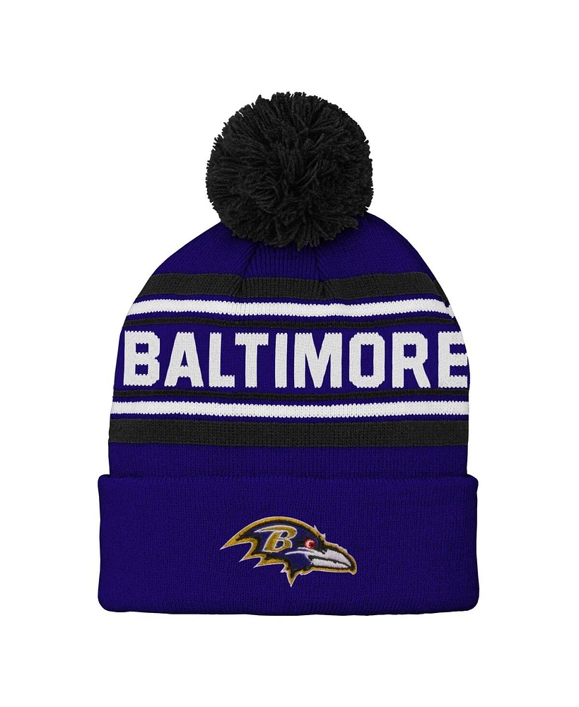 Youth Boys and Girls Purple Baltimore Ravens Jacquard Cuffed Knit Hat with Pom