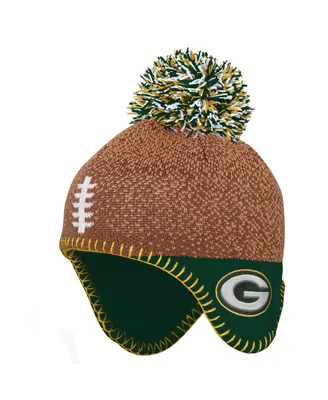 Preschool Boys and Girls Brown Green Bay Packers Football Head Knit Hat with Pom