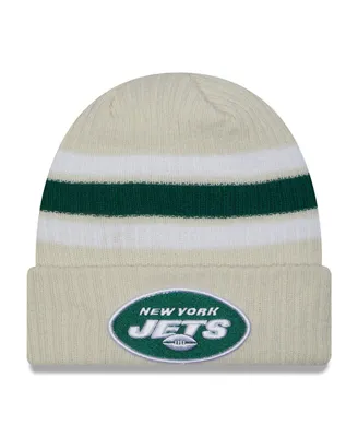 Men's New Era Cream New York Jets Team Stripe Cuffed Knit Hat