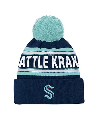 Youth Boys and Girls Seattle Kraken Deep Sea Blue Jacquard Cuffed Knit Hat with Pom