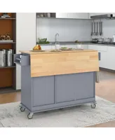 Simplie Fun Rolling Kitchen Island with Solid Wood Top, Storage Cabinet & Drop Leaf Breakfast Bar