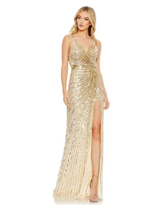 Women's Sequined Faux Wrap Sleeveless Gown