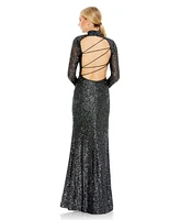 Women's Ieena Sequined High Neck Long Sleeve Lace Up Gown