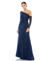 Women's Draped Jewel Encrusted Lace Drop Shoulder Gown