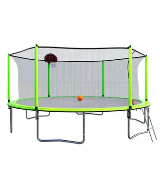 Simplie Fun 15FT Trampoline With Basketball Hoop Inflator And Ladder(Inner Safety Enclosure) Green