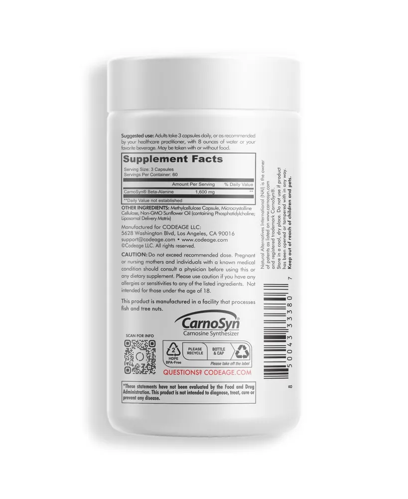 Codeage Liposomal Beta-Alanine Supplement, CarnoSyn Beta Alanine 1600 mg, Amino Acid Sports, 180 ct