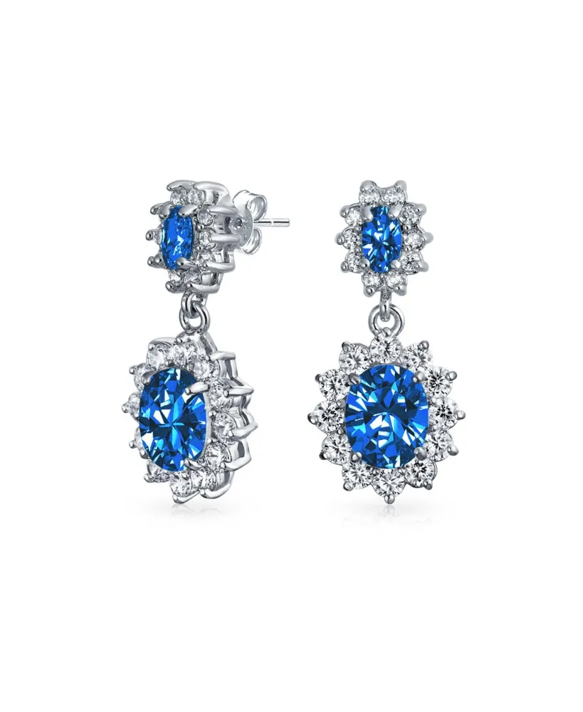 Bling Jewelry Crown Halo Oval Cubic Zirconia Small Royal Blue Cz Fashion Dangle Drop Earrings For Prom smaid Rhodium Plated