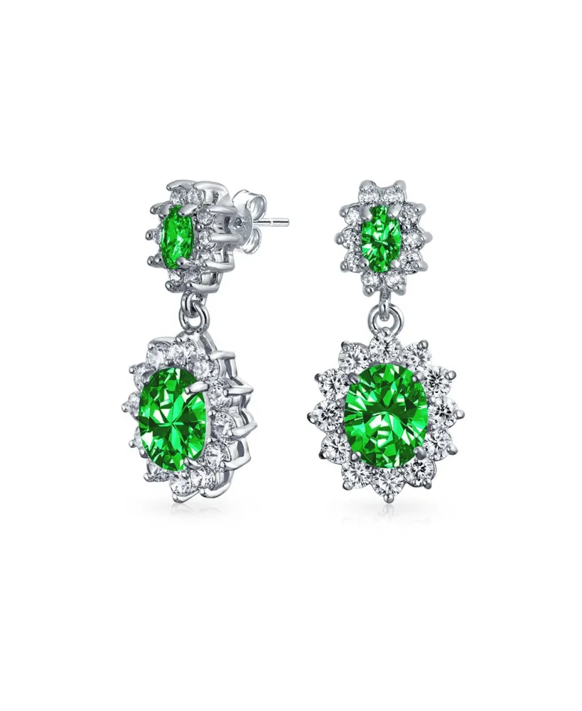 Bling Jewelry Crown Halo Oval Cubic Zirconia Green Green Cz Fashion Small Dangle Drop Earrings For smaid Rhodium Plated