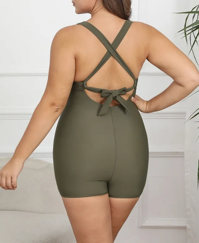 CUPSHE Tummy Control Ruched Boyleg Back Tie Plus Size One Piece Swimsuit in  Green