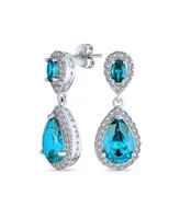 Simulated Blue Topaz Pave Cz Halo Teardrop Pear Shape Dangle Drop Statement Earrings For Women Prom Rhodium Plated Brass