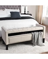 Inspired Home Emmaline Linen Button Tufted Silver Nailhead Trim Storage Bench