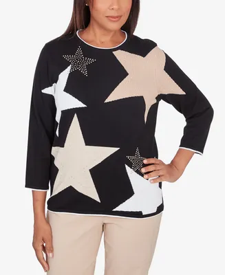 Alfred Dunner Petite Neutral Territory Star Patch Crew Neck Sweater