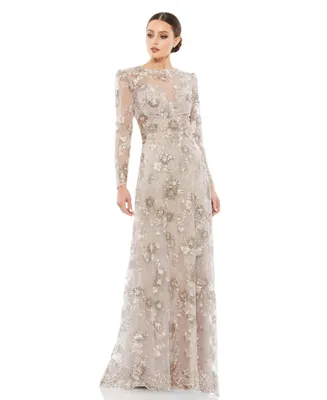 Women's Floral Embroidered Illusion Long Sleeve Evening Gown