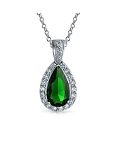 Bling Jewelry Classic Pear Shape Solitaire Teardrop Halo Cz Green Green Pendant Necklace Matching Drop Earrings Jewelry Set Rhodium Plated