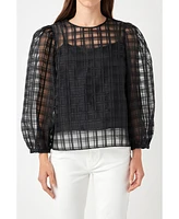 Women's Plaid Organza Long Sleeve Top