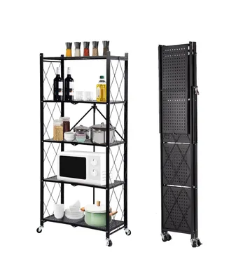 5-Tier Foldable Storage Shelving Unit, Heavy Duty Metal Shelf, Kitchen Shelf with 3 Hooks
