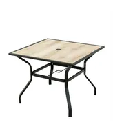 Simplie Fun Square Metal Patio Table with Umbrella Hole & Wood-Look Top