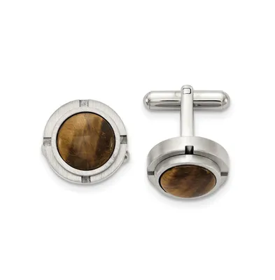 Chisel Stainless Steel Brushed Polished Tiger's Eye Circle Cufflinks
