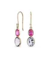 Bling Jewelry Classic Elegant Genuine 10K Gold Faceted Briolette Gemstone Bezel Set Double Oval Amethyst & Pink Sapphire Dangle Drop Earrings Wire Fis