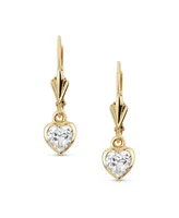 Petite Delicate Romantic Real 14K Yellow Gold Cz Bezel Set Genuine Gemstone Created White Sapphire Heart Dangle Earrings For Women Girlfriend Lever Ba