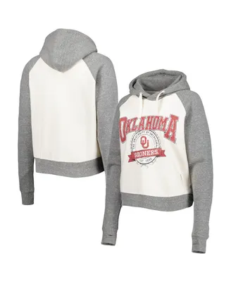 Women's Pressbox Cream, Heather Gray Distressed Oklahoma Sooners Cody Tri-Bend Raglan Pullover Hoodie