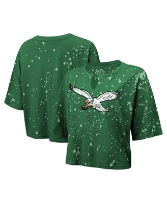 Women's Majestic Threads Kelly Green Distressed Philadelphia Eagles Bleach Splatter Notch Neck Crop T-shirt