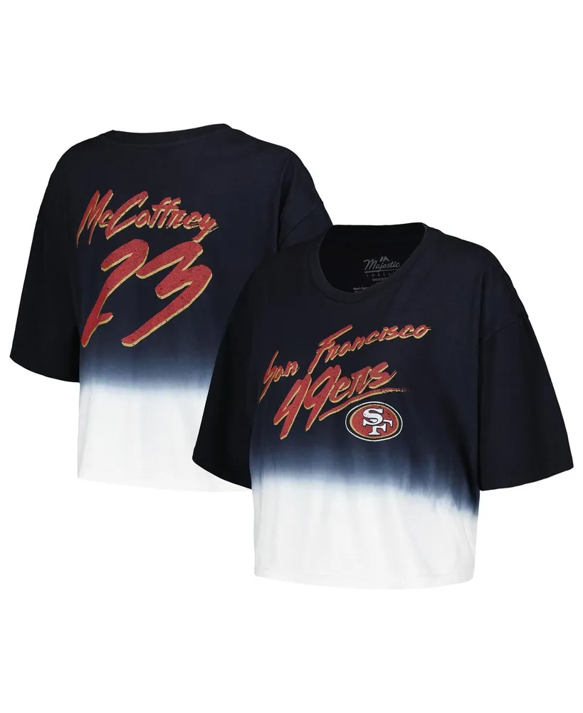 Women's Majestic Threads Christian McCaffrey Black, White Distressed San Francisco 49ers Dip-Dye Player Name and Number Crop Top