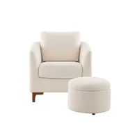 Sherpa Accent Chair with Storage Ottoman Set, Upholstered Barrel Club Arm Footrest, Modern Living Room Back Pillow and Wooden Le