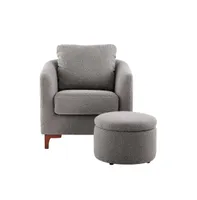 Sherpa Accent Chair with Storage Ottoman Set, Upholstered Barrel Club Arm Chair with Footrest, Modern Living Room Chair with Back Pillow and Wooden Le