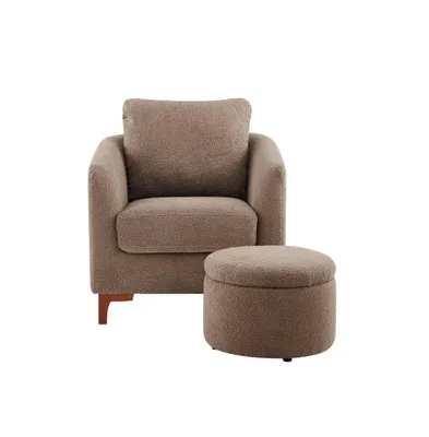 Sherpa Accent Chair with Storage Ottoman Set, Upholstered Barrel Club Arm Footrest, Modern Living Room Back Pillow and Wooden Le