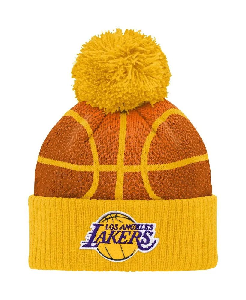 Preschool Boys and Girls Gold Los Angeles Lakers Basketball Head Cuffed Knit Hat with Pom