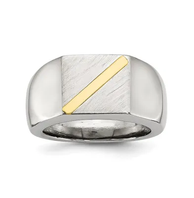 Chisel Stainless Steel Brushed Polished 14K Gold Stripe Signet Ring